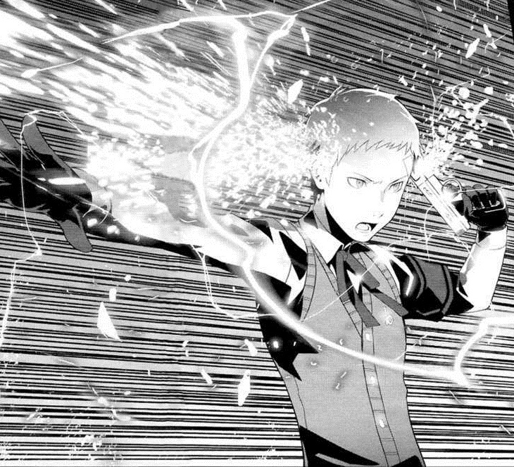 Акихико Санада вызывает "Персону", выстрелив себе в висок из "Evoker" «Shin Megami Tensei: Persona 3»